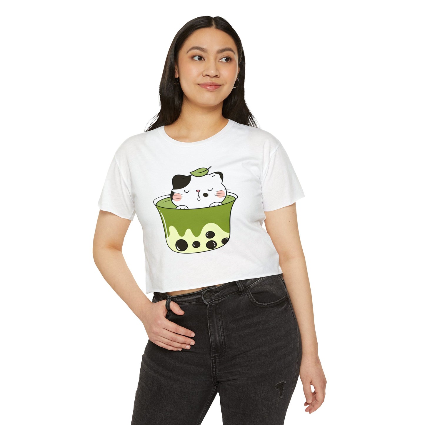 Cute Cat Bubble Tea Crop Top, Women's Festival Wear, Bohemian Summer Top, Cartoon Tee, Gift for Cat Lovers