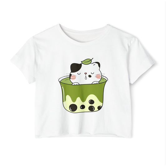 Cute Cat Bubble Tea Crop Top, Women's Festival Wear, Bohemian Summer Top, Cartoon Tee, Gift for Cat Lovers